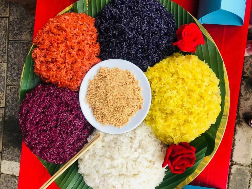 Close-up of five-colour sticky rice showcasing its vibrant hues